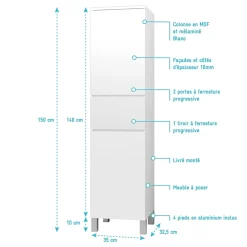 Aurlane Colonne de Salle de Bain en Mélaminé Blanc - 35x32x150 cm - 2 Portes + 1 Tiroir* Colonne De Salle De Bains