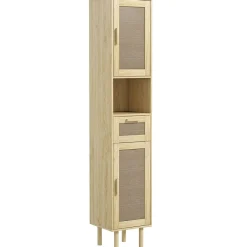 Homcom Colonne de salle de bain style bohème H. 170 cm - 2 portes, étagères, tiroir, niche - effet rotin bois clair