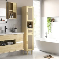 Homcom Colonne de salle de bain style bohème H. 170 cm - 2 portes, étagères, tiroir, niche - effet rotin bois clair