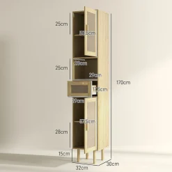 Homcom Colonne de salle de bain style bohème H. 170 cm - 2 portes, étagères, tiroir, niche - effet rotin bois clair