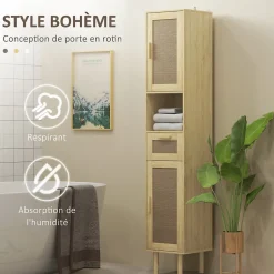 Homcom Colonne de salle de bain style bohème H. 170 cm - 2 portes, étagères, tiroir, niche - effet rotin bois clair