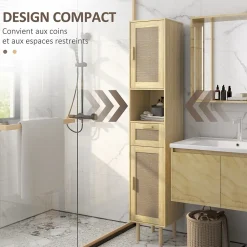 Homcom Colonne de salle de bain style bohème H. 170 cm - 2 portes, étagères, tiroir, niche - effet rotin bois clair