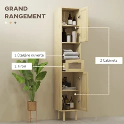 Homcom Colonne de salle de bain style bohème H. 170 cm - 2 portes, étagères, tiroir, niche - effet rotin bois clair