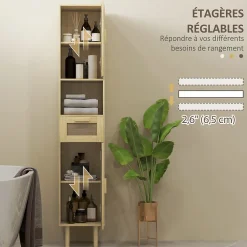 Homcom Colonne de salle de bain style bohème H. 170 cm - 2 portes, étagères, tiroir, niche - effet rotin bois clair