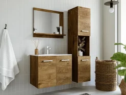 Vente-unique Colonne de salle de bain suspendue effet bois avec niche de rangement - L30 x P30 x H133 cm - MIELA II