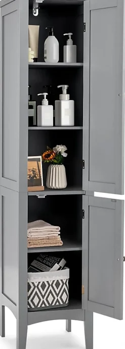 Giantex Colonne de Salle de Bain avec 2 Portes 5 étagères Dispositif Anti basculement Armoire Haute de Toilette Gris