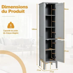 Giantex Colonne de Salle de Bain avec 2 Portes 5 étagères Dispositif Anti basculement Armoire Haute de Toilette Gris