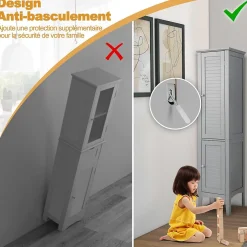 Giantex Colonne de Salle de Bain avec 2 Portes 5 étagères Dispositif Anti basculement Armoire Haute de Toilette Gris