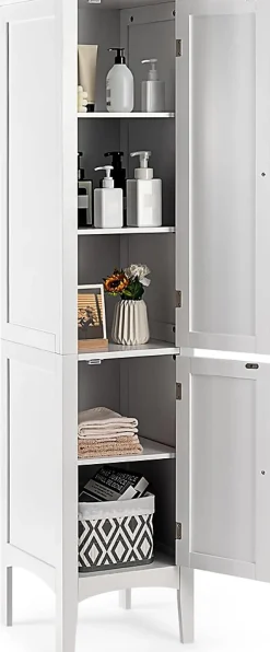 Giantex Colonne de Salle de Bain avec 2 Portes 5 étagères Dispositif Anti basculement Armoire Haute de Toilette Blanc