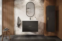 3xE Living Colonne de salle de bain, Noir, 35 x 136 x 27 cm, poignée dorée