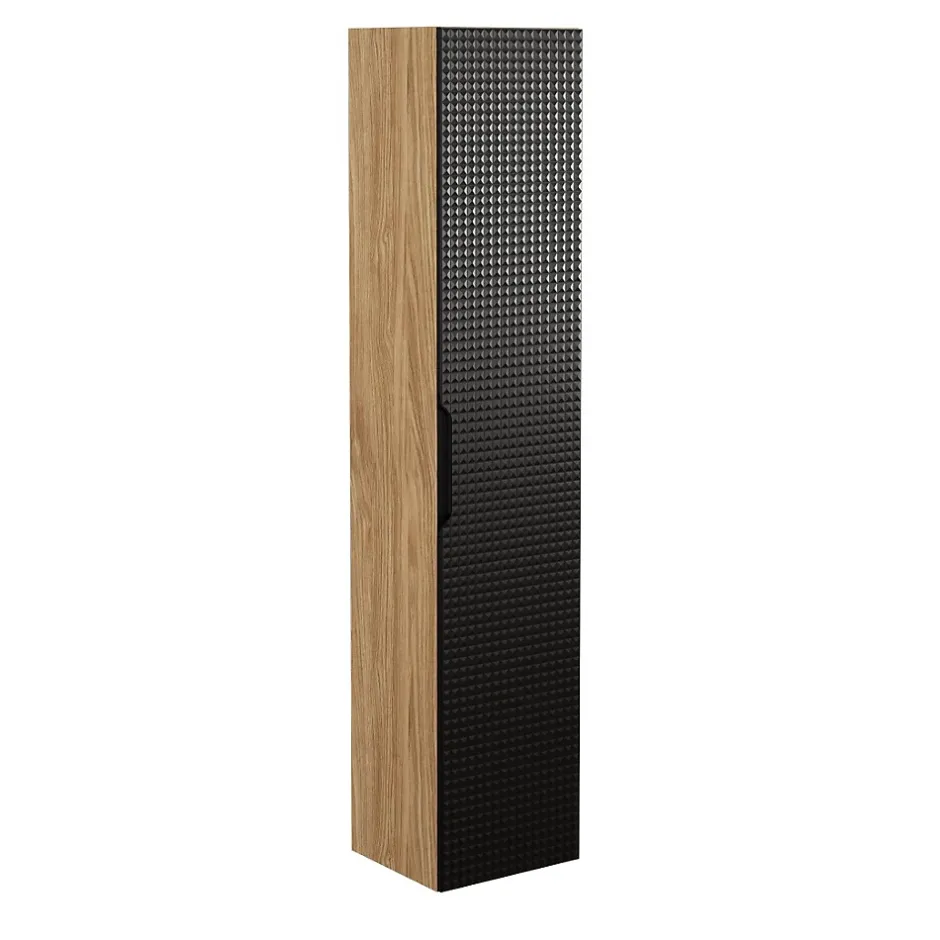 Meublorama Colonne de salle de bain VELNIA 1 porte H170 cm Coloris chene clair et noir Meuble suspendu