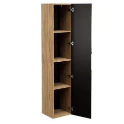 Meublorama Colonne de salle de bain VELNIA 1 porte H170 cm Coloris chene clair et noir Meuble suspendu