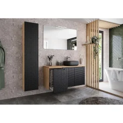 Meublorama Colonne de salle de bain VELNIA 1 porte H170 cm Coloris chene clair et noir Meuble suspendu