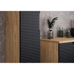 Meublorama Colonne de salle de bain VELNIA 1 porte H170 cm Coloris chene clair et noir Meuble suspendu