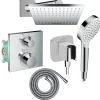Hansgrohe Colonne douche thermostatique Ecostat Square Douche de tête Vernis Shape Flexible Metaflex Douchette Crometta chromé
