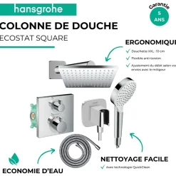Hansgrohe Colonne douche thermostatique Ecostat Square Douche de tête Vernis Shape Flexible Metaflex Douchette Crometta chromé