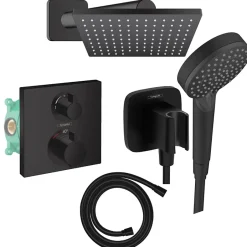 Hansgrohe Colonne douche thermostatique Ecostat Square Douche de tête Vernis Flexible Isiflex Douchette Vernis Blend noir