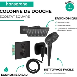 Hansgrohe Colonne douche thermostatique Ecostat Square Douche de tête Vernis Flexible Isiflex Douchette Vernis Blend noir