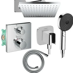 Hansgrohe Colonne douche thermostatique Ecostat Square Douche de tête Vernis Shape Flexible Designflex Douchette Pulsify chromé* Colonne De Douche Encastrable