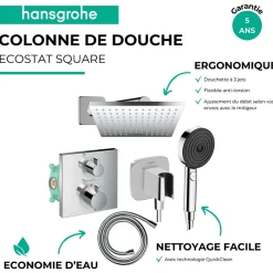Hansgrohe Colonne douche thermostatique Ecostat Square Douche de tête Vernis Shape Flexible Designflex Douchette Pulsify chromé* Colonne De Douche Encastrable