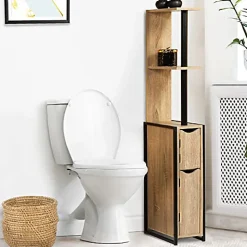 Nature Pro Colonne Meuble Wc Salle de Bain 2 Portes en Bois Design Industriel Marron 3 Etagères Toilettes* Meuble Wc