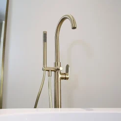 Essebagno Colonne mitigeur mécanique de baignoire îlot + flexible + douchette, H.113 cm, doré,* Colonne De Baignoire