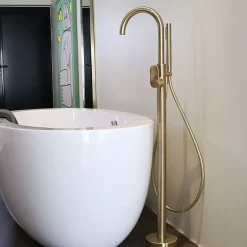 Essebagno Colonne mitigeur mécanique de baignoire îlot + flexible + douchette, H.113 cm, doré,* Colonne De Baignoire