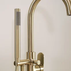 Essebagno Colonne mitigeur mécanique de baignoire îlot + flexible + douchette, H.113 cm, doré,* Colonne De Baignoire