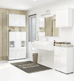 3xE Living Colonne salle de bain, 2 armoires, 140 x 30 x 30 cm, blanc / blanc brillant