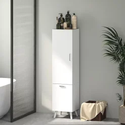 Homcom Colonne salle de bain - porte, 2 étagères, panier à linge - dim. 35 x 31,5 x 144 cm - blanc* Colonne De Salle De Bains