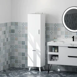 Homcom Colonne salle de bain - porte, 2 étagères, panier à linge - dim. 35 x 31,5 x 144 cm - blanc* Colonne De Salle De Bains