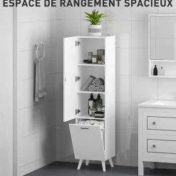 Homcom Colonne salle de bain - porte, 2 étagères, panier à linge - dim. 35 x 31,5 x 144 cm - blanc* Colonne De Salle De Bains
