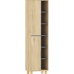 Homcom Colonne salle de bain design H.148 cm - 2 portes, 4 étagères, 6 niches - gris effet bois clair naturel