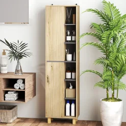 Homcom Colonne salle de bain design H.148 cm - 2 portes, 4 étagères, 6 niches - gris effet bois clair naturel