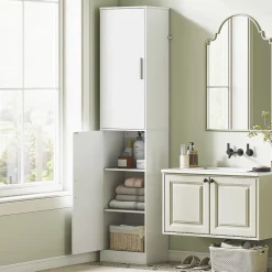 Homcom Colonne salle de bain H180 cm - 2 portes, 4 étagères réglables - effet bois blanc* Colonne De Salle De Bains