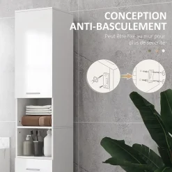 kleankin Colonne salle de bain H.180cm façade blanc laqué 2 portes, 2 étagères, 2 niches, tiroir