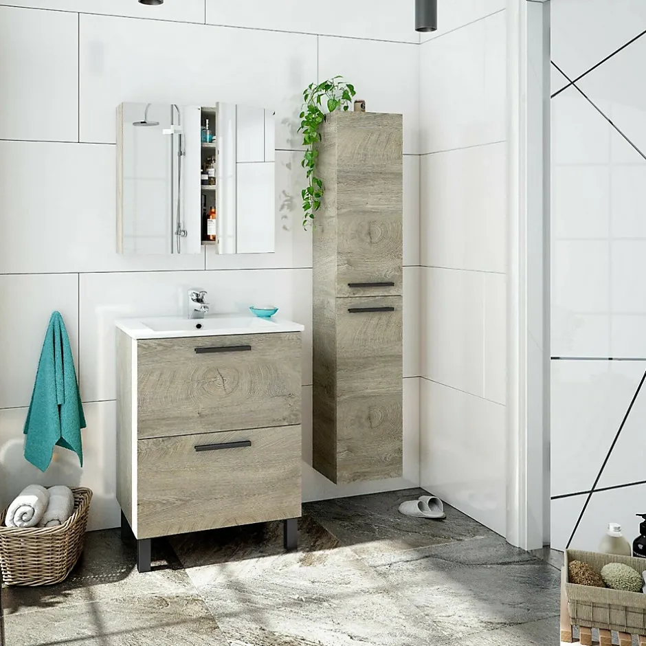 Pegane Colonne salle de bain Suspendue avec 2 Portes coloris Alaska chêne à nœuds - Hauteur 150 x Longueur 30 x Profondeur 25 cm* Colonne De Salle De Bains