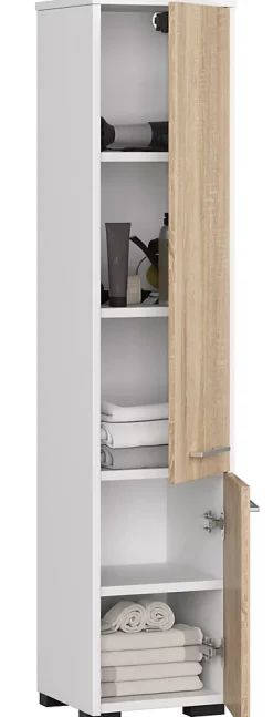 Akord Furniture Factory Colonne salle de bains AKORD FIN Blanche 30 cm 2 portes façade Chêne Sonoma 5 étagères 30x30x140 cm* Colonne De Salle De Bains