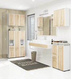 Akord Furniture Factory Colonne salle de bains AKORD FIN Blanche 30 cm 2 portes façade Chêne Sonoma 5 étagères 30x30x140 cm* Colonne De Salle De Bains