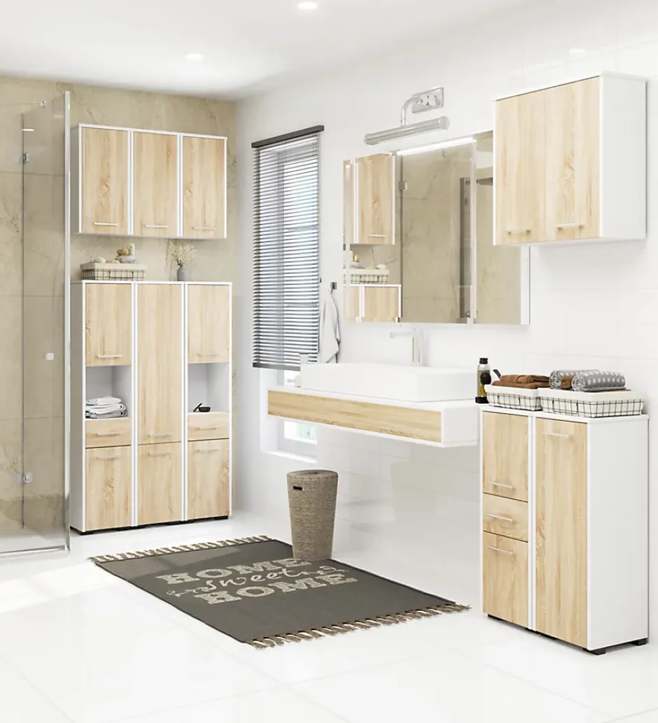 Akord Furniture Factory Colonne salle de bains AKORD FIN Blanche 30 cm 2 portes façade Chêne Sonoma 5 étagères 30x30x140 cm* Colonne De Salle De Bains