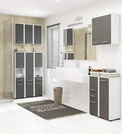 Akord Furniture Factory Colonne salle de bains AKORD FIN Blanche 30 cm 2 portes façade Gris Graphite 5 étagères 30x30x140 cm* Colonne De Salle De Bains