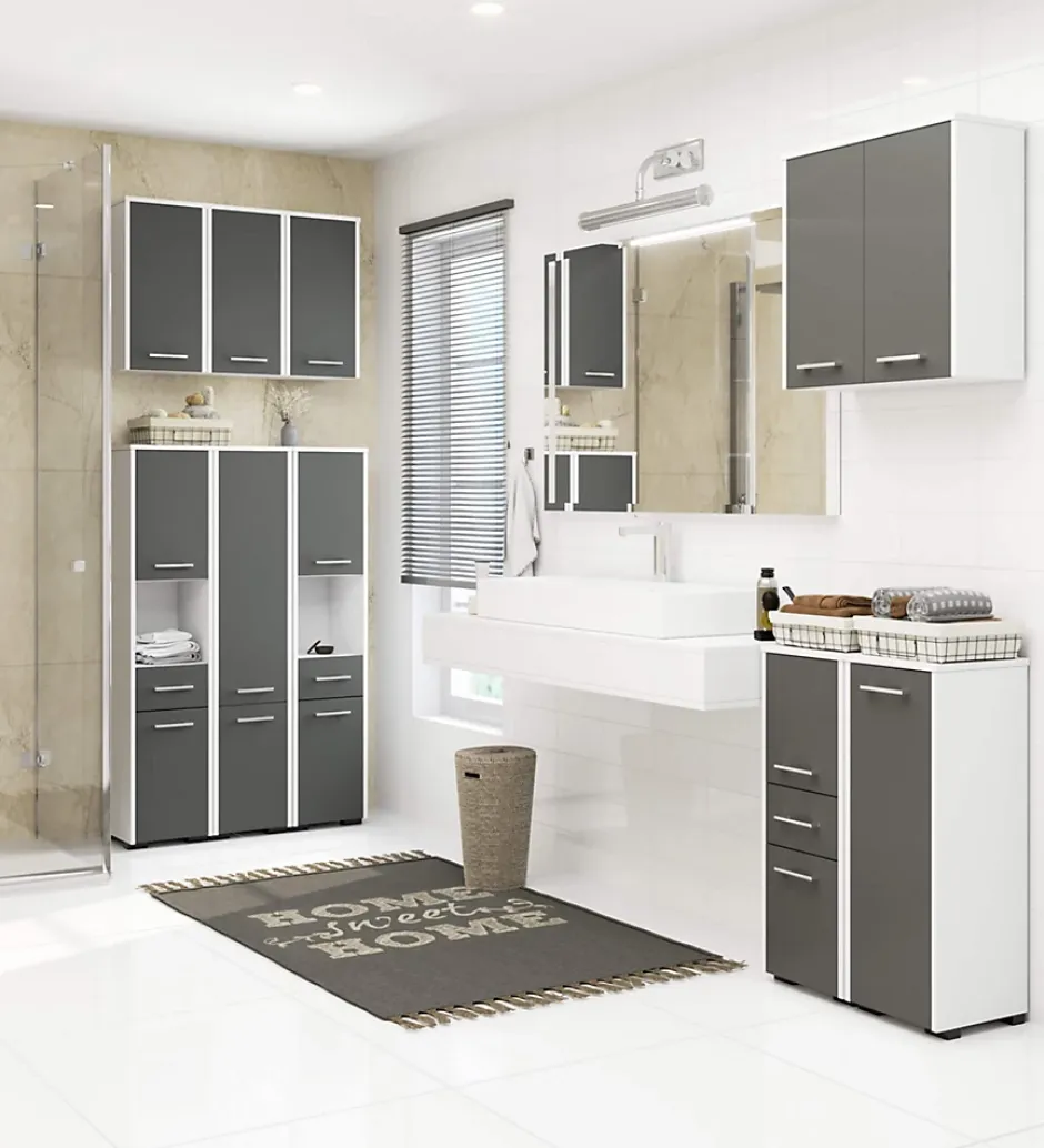 Akord Furniture Factory Colonne salle de bains AKORD FIN Blanche 30 cm 2 portes façade Gris Graphite 5 étagères 30x30x140 cm* Colonne De Salle De Bains
