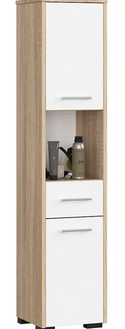 Akord Furniture Factory Colonne salle de bains AKORD FIN Chêne Sonoma 30 cm 2 portes 1 tiroir façade Blanche 5 étagères 30x30x140 cm* Colonne De Salle De Bains|Meuble De Salle De Bains Faible Profondeur