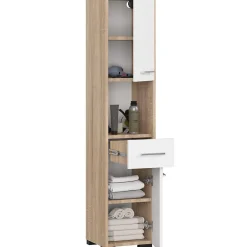 Akord Furniture Factory Colonne salle de bains AKORD FIN Chêne Sonoma 30 cm 2 portes 1 tiroir façade Blanche 5 étagères 30x30x140 cm* Colonne De Salle De Bains|Meuble De Salle De Bains Faible Profondeur