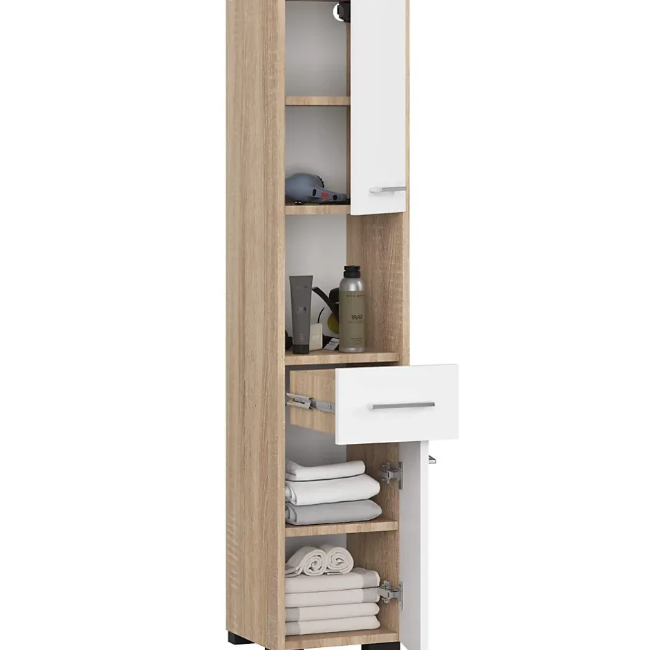 Akord Furniture Factory Colonne salle de bains AKORD FIN Chêne Sonoma 30 cm 2 portes 1 tiroir façade Blanche 5 étagères 30x30x140 cm* Colonne De Salle De Bains|Meuble De Salle De Bains Faible Profondeur