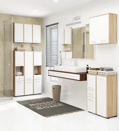 Akord Furniture Factory Colonne salle de bains AKORD FIN Chêne Sonoma 30 cm 2 portes 1 tiroir façade Blanche 5 étagères 30x30x140 cm* Colonne De Salle De Bains|Meuble De Salle De Bains Faible Profondeur