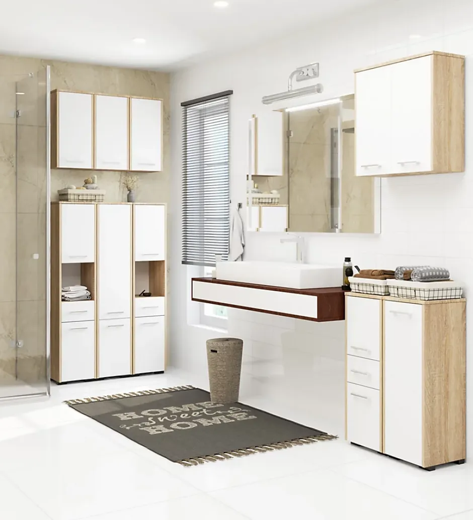Akord Furniture Factory Colonne salle de bains AKORD FIN Chêne Sonoma 30 cm 2 portes 1 tiroir façade Blanche 5 étagères 30x30x140 cm* Colonne De Salle De Bains|Meuble De Salle De Bains Faible Profondeur