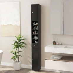 Giantex Colonne WC avec 2 Portes 1 Tiroir 5 Etageres Reglables Anti-basculement Meuble Colonne pour Petits Espaces 20x20x180cm* Colonne De Salle De Bains