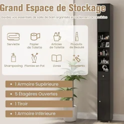Giantex Colonne WC avec 2 Portes 1 Tiroir 5 Etageres Reglables Anti-basculement Meuble Colonne pour Petits Espaces 20x20x180cm* Colonne De Salle De Bains