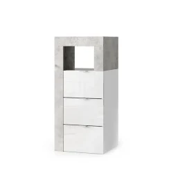 Meublorama Commode de salle de bains BURA 3 tiroirs L35 cm Blanc brillant laqué et gris aspect béton
